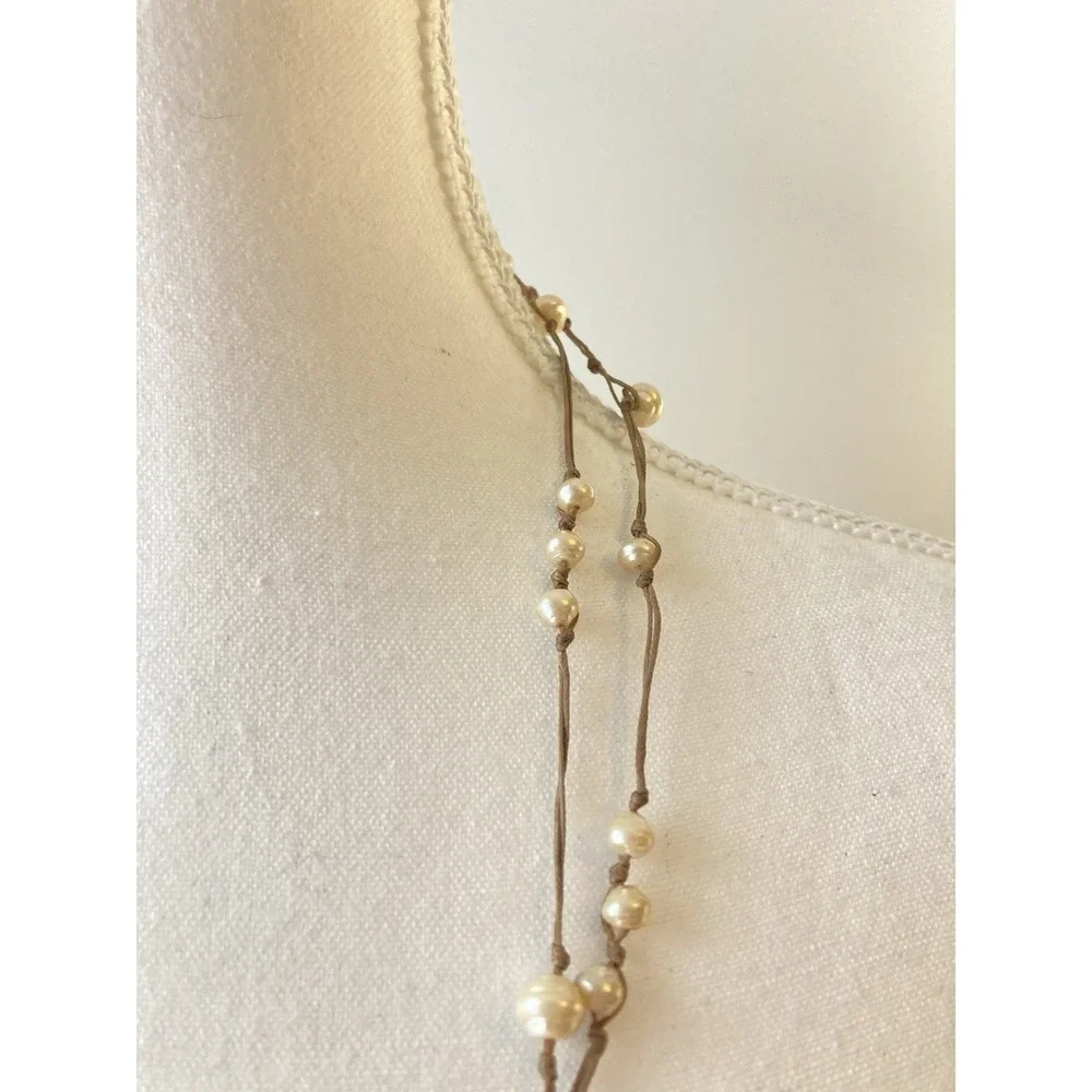 Layered Faux Pearl Cord Necklace Cream & Earthy Brown Cord Long‎ Boho  Romantic
